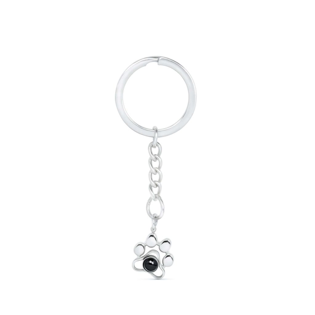 Personalised paw print keyring with hidden pet photo inside projection lens