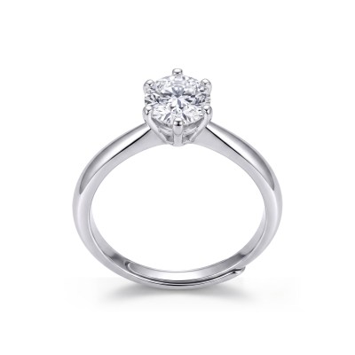 Solitaire diamond engagement ring in a four-prong setting on a polished metal band.
