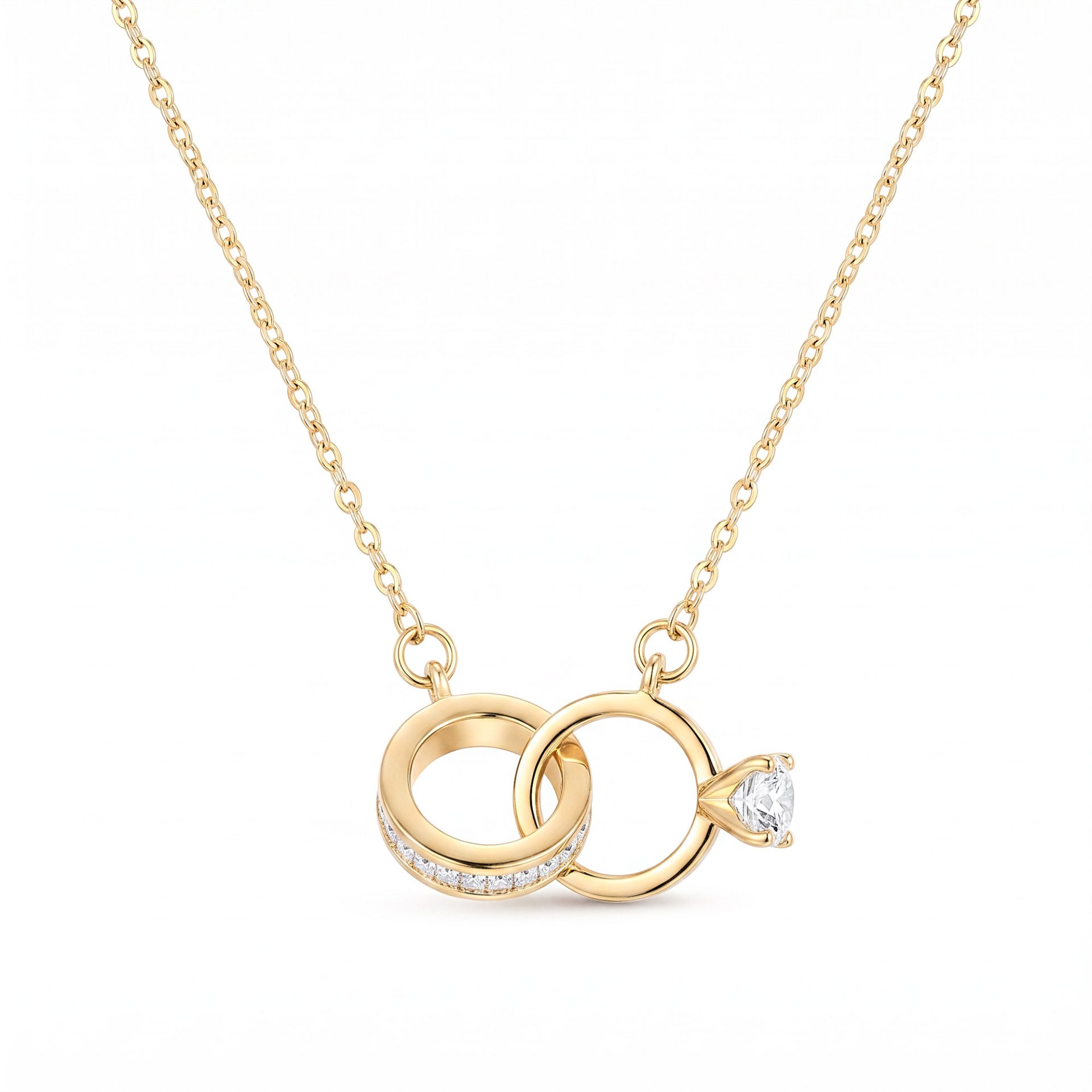 Gold chain necklace with intertwined circular pendants and a large diamond centerpiece on a white background.